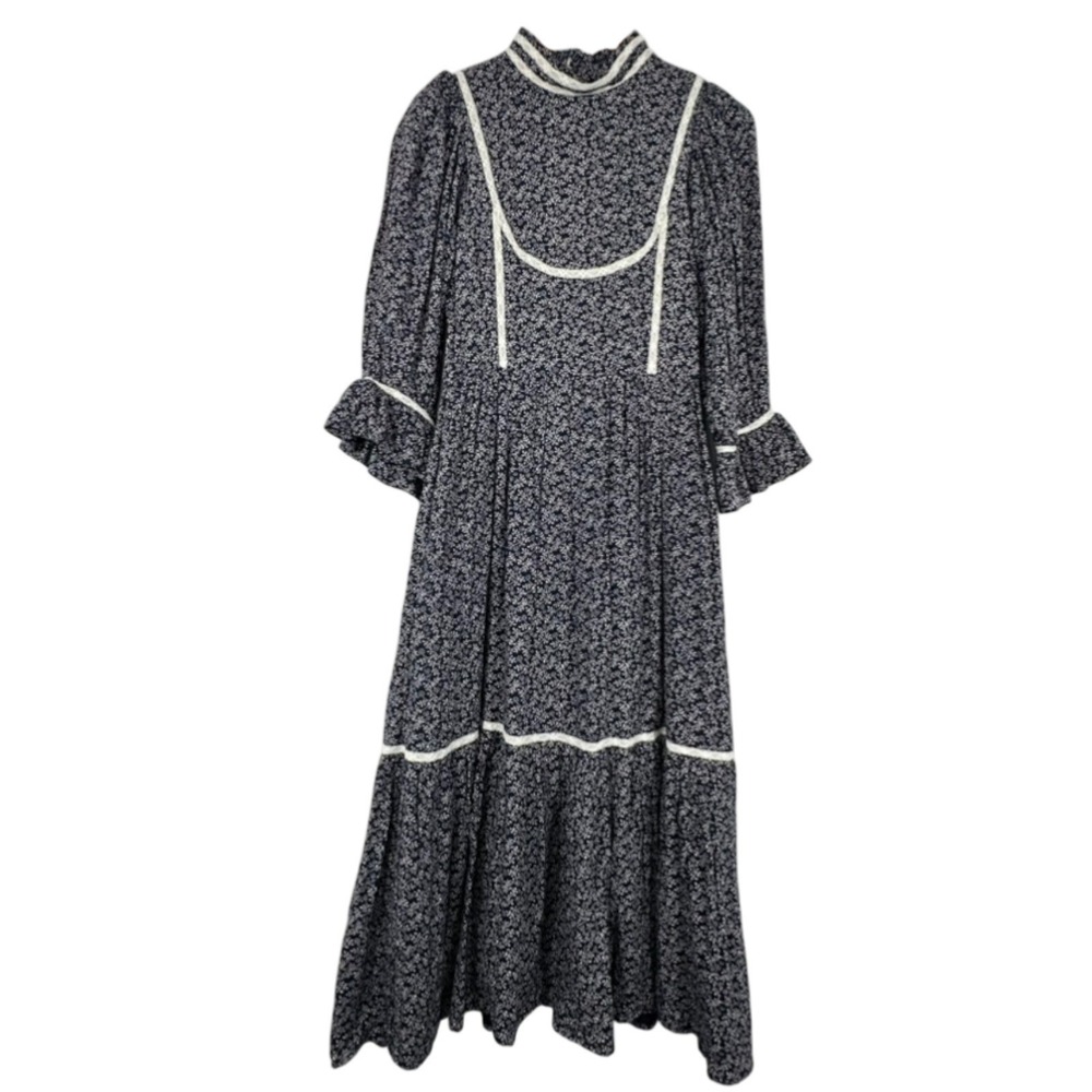 Meadows Blue Floral Lace Trim Tiered Cotton Maxi Dress Size US 4 Prairie Cottage